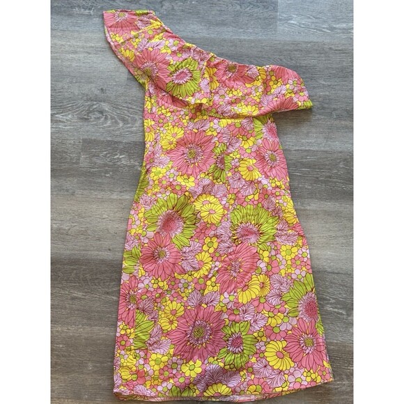 FLORA BEA NYC Retro Neon Floral Adalyn Midi Dress One Sleeve Women’s Sz L - Picture 5 of 6